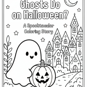 What Do Ghosts Do on Halloween coloring book cover with a friendly ghost, jack-o'-lantern, spooky village, moon, and stars