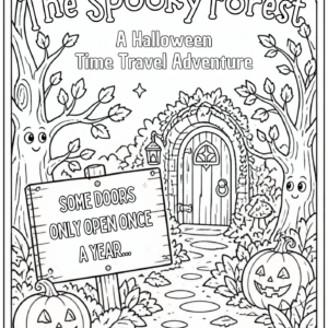 The Spooky Forest A Halloween Time Travel Adventure coloring book cover with a magical forest, talking trees, pumpkins, and a mysterious doorway