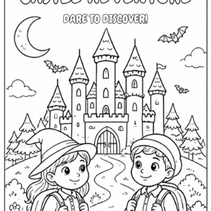 Haunted castle coloring book cover with two young explorers, a haunted castle, moon, bats, and spooky scenery