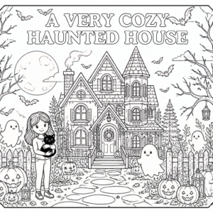 A Very Cozy Haunted House Coloring Book cover featuring a haunted Victorian house, friendly ghosts, a girl with a black cat, pumpkins, bats, and a full moon