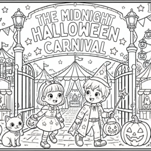 The Midnight Halloween Carnival coloring book cover featuring children entering a spooky carnival with pumpkins, rides, booths, ghosts, a black cat, and a moonlit Halloween night