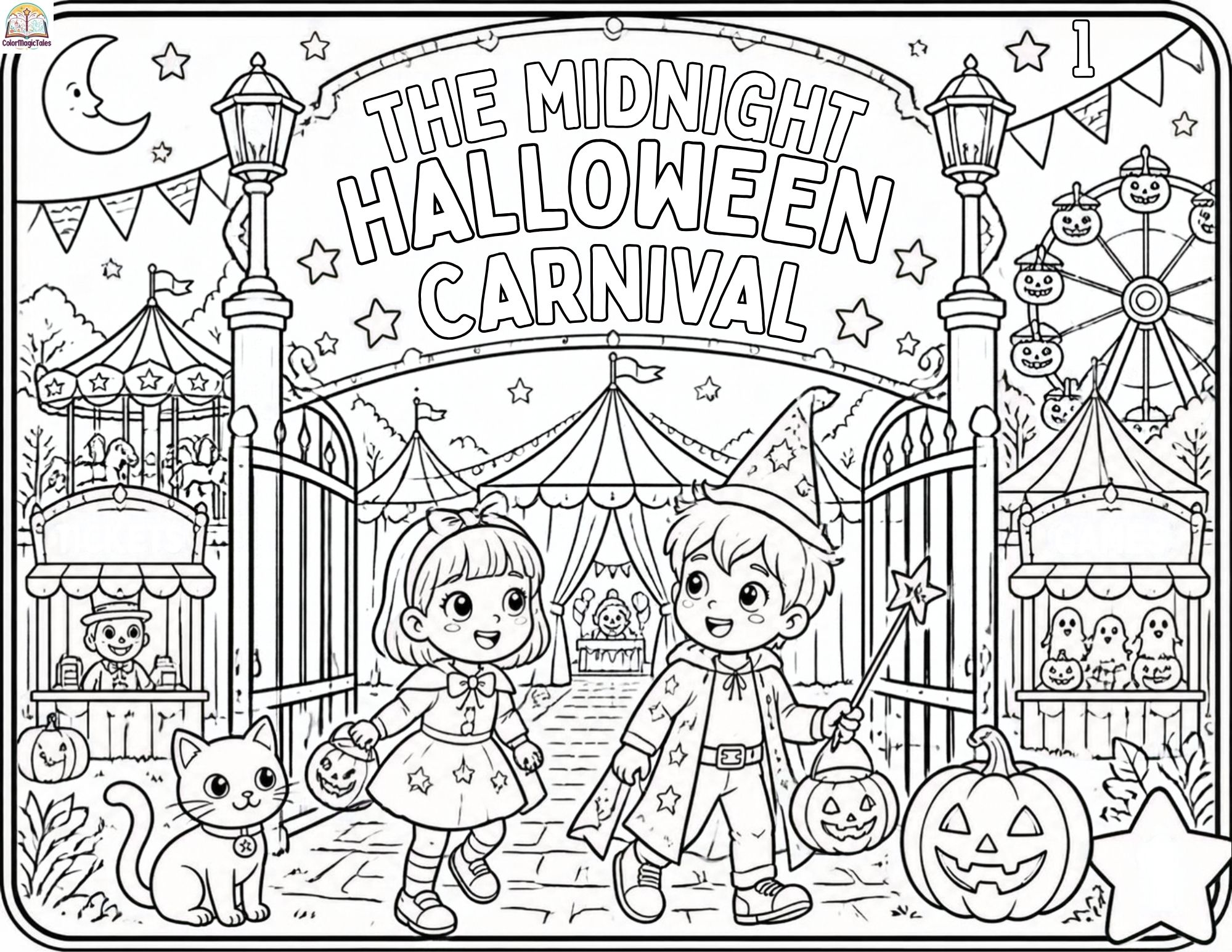 The Midnight Halloween Carnival coloring book cover featuring children entering a spooky carnival with pumpkins, rides, booths, ghosts, a black cat, and a moonlit Halloween night