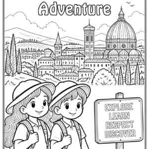 The Italian Adventure coloring book cover featuring two young explorers, an Italian countryside, Florence landmarks, and a sign saying Explore Learn Respect Discover