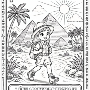 Egyptian adventure coloring book cover featuring a young explorer, pyramids, palm trees, Egyptian symbols, and the bright desert landscape