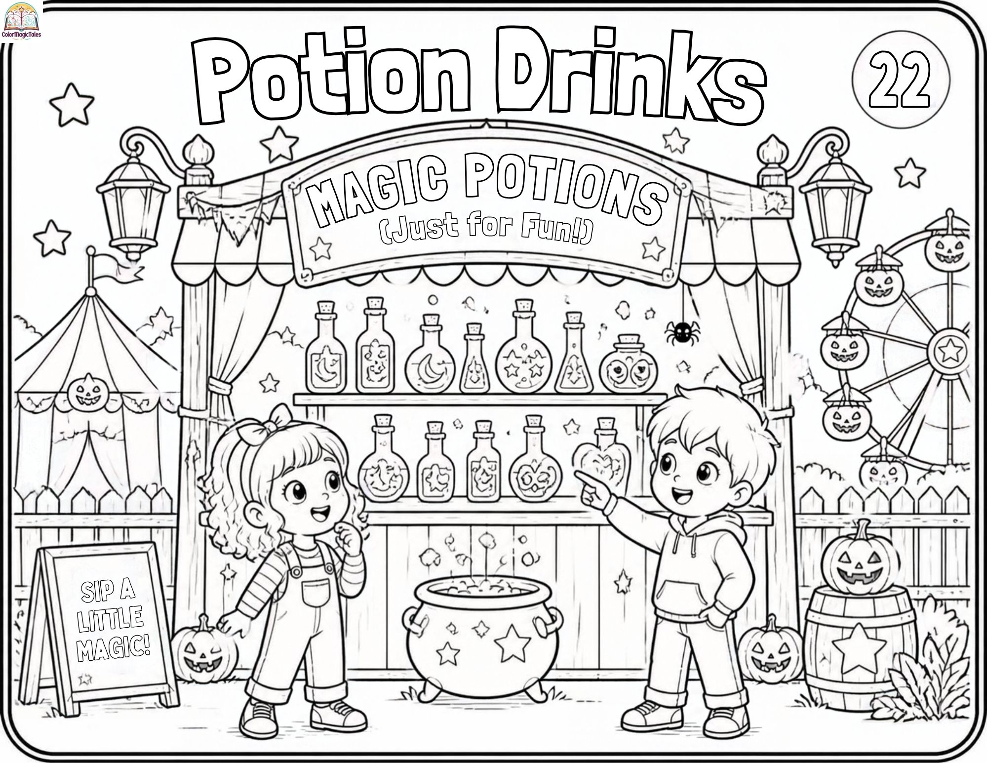 Halloween carnival potion drink booth with children exploring magical drinks, potion bottles, pumpkins, carnival rides, and spooky decorations