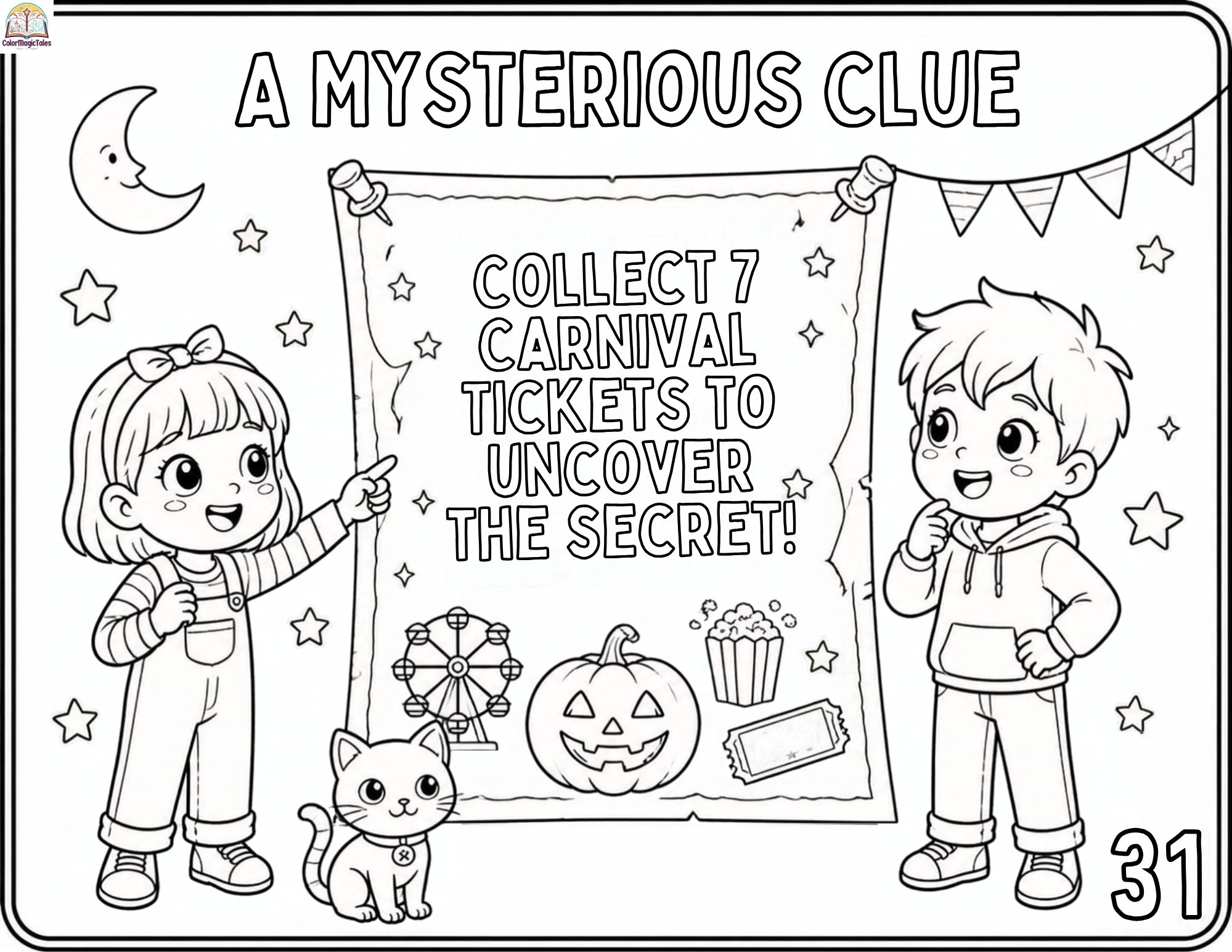 Children and a black cat searching for a mysterious clue at a Halloween carnival with a secret message, pumpkin, Ferris wheel, and popcorn