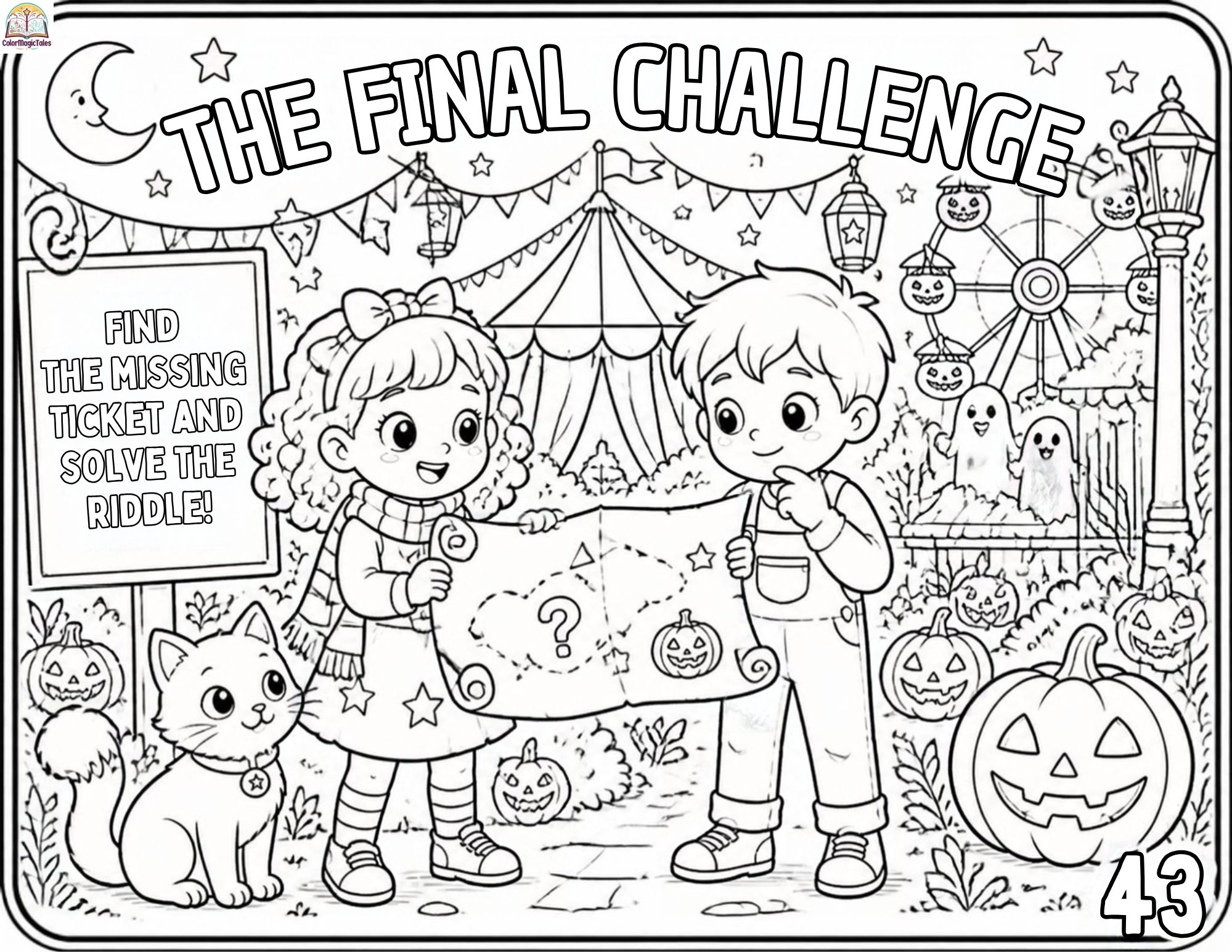 Children solving the final Halloween carnival challenge with a mysterious map, pumpkins, friendly ghosts, carnival rides, and a black cat