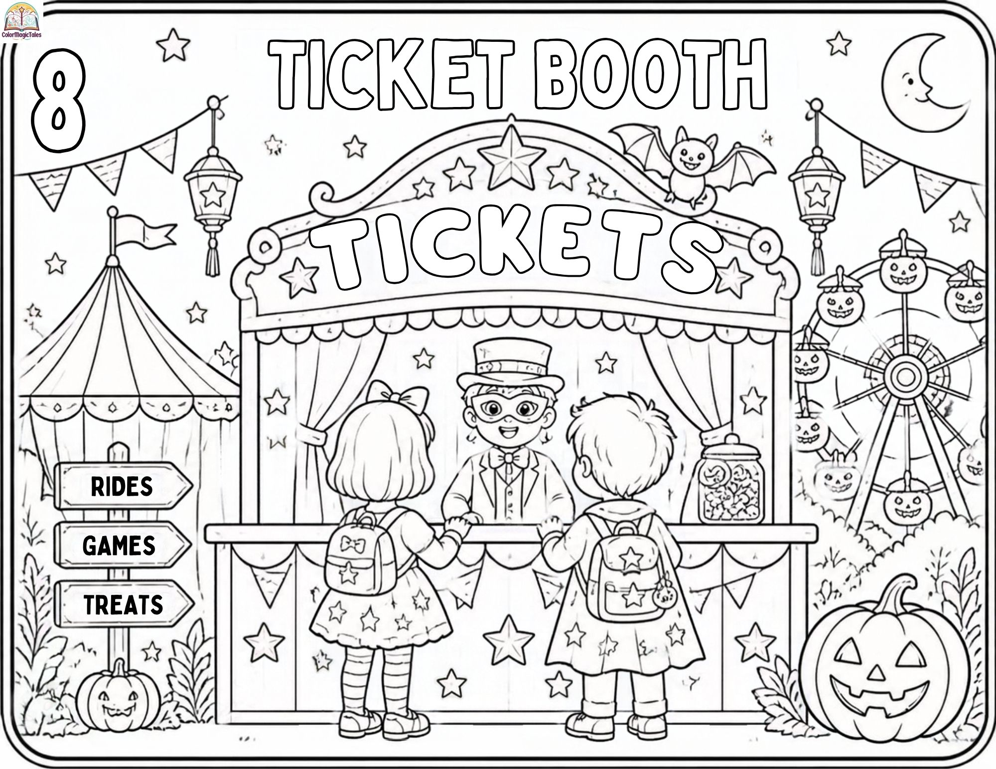 Halloween carnival ticket booth with two children buying tickets, a masked carnival worker, rides, pumpkins, bats, and spooky nighttime decorations